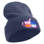 Hand Drawn Christmas Coffee Mug Embroidered 12 Inch Long Knitted Beanie - Navy OSFM