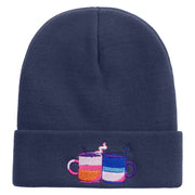 Hand Drawn Christmas Coffee Mug Embroidered 12 Inch Long Knitted Beanie - Navy OSFM