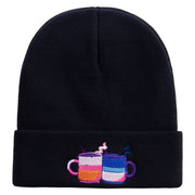 Hand Drawn Christmas Coffee Mug Embroidered 12 Inch Long Knitted Beanie - Black OSFM