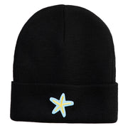 Pastel Starfish Embroidered Patched 12 Inch Long Knitted Beanie - Black OSFM