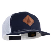 Pine Tree Faux Leather Patched Premium Mesh Trucker Cap - Navy White OSFM