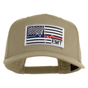 USA Flag EMT Silver Blue Red Patched Solid Cotton Twill 5 Panel Prostyle Snap Cap - Khaki OSFM