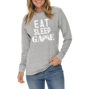 Eat Sleep Game Graphic Long Sleeve Crewneck Tee - Heather-Grey XS