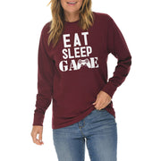 Eat Sleep Game Graphic Long Sleeve Crewneck Tee - Burgundy XS