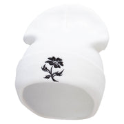 Black Flower Silhouettes Embroidered 12 Inch Long Knitted Beanie - White OSFM