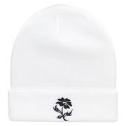 Black Flower Silhouettes Embroidered 12 Inch Long Knitted Beanie - White OSFM