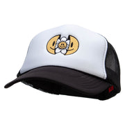 Happy Flower Embroidered Foam Panel Mesh Snapback - Black-White OSFM