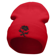 Black Flower Silhouettes Embroidered 12 Inch Long Knitted Beanie - Red OSFM