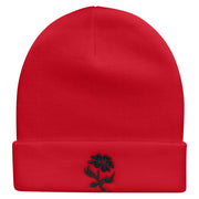 Black Flower Silhouettes Embroidered 12 Inch Long Knitted Beanie - Red OSFM