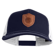 Acorn Faux Leather Patched Premium Mesh Trucker Cap - Navy White OSFM