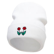 Two Red Rose Embroidered 12 Inch Long Knitted Beanie - White OSFM