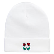 Two Red Rose Embroidered 12 Inch Long Knitted Beanie - White OSFM