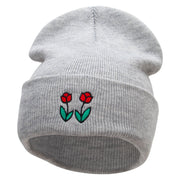 Two Red Rose Embroidered 12 Inch Long Knitted Beanie - Heather-Grey OSFM