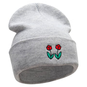 Two Red Rose Embroidered 12 Inch Long Knitted Beanie - Heather-Grey OSFM