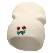 Two Red Rose Embroidered 12 Inch Long Knitted Beanie - Birch OSFM