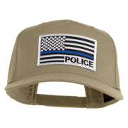 USA Flag Police Silver Blue Patched Solid Cotton Twill 5 Panel Prostyle Snap Cap - Khaki OSFM