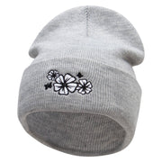 Hibiscuses Embroidered 12 Inch Long Knitted Beanie - Heather-Grey OSFM