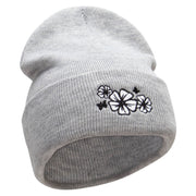 Hibiscuses Embroidered 12 Inch Long Knitted Beanie - Heather-Grey OSFM