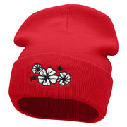 Hibiscuses Embroidered 12 Inch Long Knitted Beanie - Red OSFM