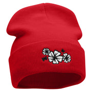 Hibiscuses Embroidered 12 Inch Long Knitted Beanie - Red OSFM