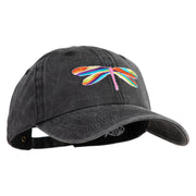 Large Multi-Colored Dragonfly Iron on Embroidery Patched Unstructured Pigment Dyed Cotton Cap - Black OSFM