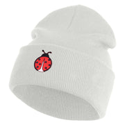 Lady Bug Iron on Patched 12 Inch Long Knitted Beanie - White OSFM