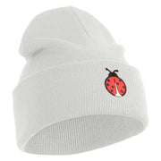 Lady Bug Iron on Patched 12 Inch Long Knitted Beanie - White OSFM