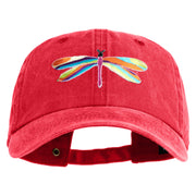 Large Multi-Colored Dragonfly Iron on Embroidery Patched Unstructured Pigment Dyed Cotton Cap - Red OSFM