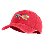 Large Multi-Colored Dragonfly Iron on Embroidery Patched Unstructured Pigment Dyed Cotton Cap - Red OSFM