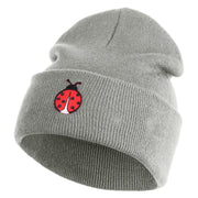 Lady Bug Iron on Patched 12 Inch Long Knitted Beanie - Heather Grey OSFM
