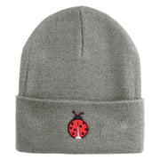 Lady Bug Iron on Patched 12 Inch Long Knitted Beanie - Heather Grey OSFM