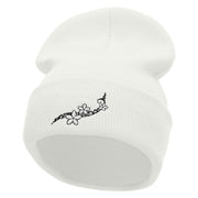 Frangipani Flower Embroidered 12 Inch Long Knitted Beanie - White OSFM