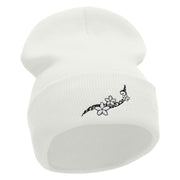 Frangipani Flower Embroidered 12 Inch Long Knitted Beanie - White OSFM