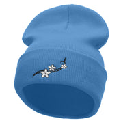 Frangipani Flower Embroidered 12 Inch Long Knitted Beanie - Sky-Blue OSFM