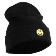 Round Smile Face Embroidered Patched 12 Inch Long Knitted Beanie - Black OSFM