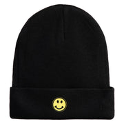 Round Smile Face Embroidered Patched 12 Inch Long Knitted Beanie - Black OSFM