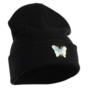 Small Decorative Blue Butterfly Iron on Patched 12 Inch Long Knitted Beanie - Black OSFM