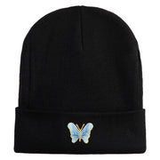 Small Decorative Blue Butterfly Iron on Patched 12 Inch Long Knitted Beanie - Black OSFM