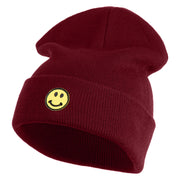 Round Smile Face Embroidered Patched 12 Inch Long Knitted Beanie - Maroon OSFM