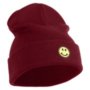 Round Smile Face Embroidered Patched 12 Inch Long Knitted Beanie - Maroon OSFM