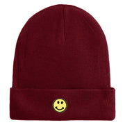 Round Smile Face Embroidered Patched 12 Inch Long Knitted Beanie - Maroon OSFM