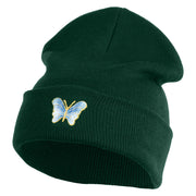 Small Decorative Blue Butterfly Iron on Patched 12 Inch Long Knitted Beanie - Dark Green OSFM