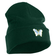 Small Decorative Blue Butterfly Iron on Patched 12 Inch Long Knitted Beanie - Dark Green OSFM