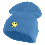 Round Smile Face Embroidered Patched 12 Inch Long Knitted Beanie - Sky Blue OSFM