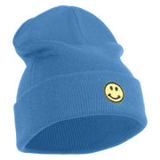 Round Smile Face Embroidered Patched 12 Inch Long Knitted Beanie - Sky Blue OSFM