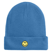 Round Smile Face Embroidered Patched 12 Inch Long Knitted Beanie - Sky Blue OSFM