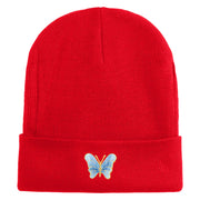 Small Decorative Blue Butterfly Iron on Patched 12 Inch Long Knitted Beanie - Red OSFM
