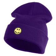 Round Smile Face Embroidered Patched 12 Inch Long Knitted Beanie - Purple OSFM
