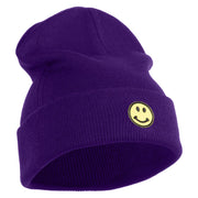 Round Smile Face Embroidered Patched 12 Inch Long Knitted Beanie - Purple OSFM
