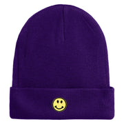 Round Smile Face Embroidered Patched 12 Inch Long Knitted Beanie - Purple OSFM